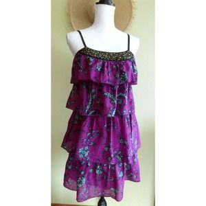 Kensie Purple Ruffles Floral Silk Blend  Dress S